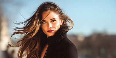 A woman stands against a city background with her hair blowing in the wind. The soft light of the golden hour accentuates her features and creates a captivating atmosphere.の素材
