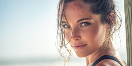 A young woman stands on the beach, smiling softly with ocean waves in the background. Sunlight reflects off her skin as she enjoys the warm day, evoking a sense of tranquility and joy.の素材