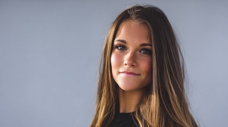 A young woman poses confidently, showcasing her long hair and striking features. The soft lighting enhances her natural beauty, creating a serene atmosphere around her.の素材