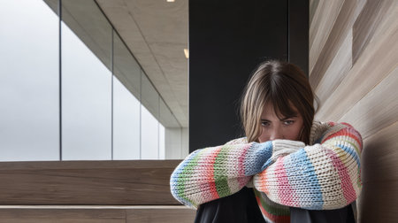 A young adult is sitting on the floor, arms wrapped around knees, wearing a colorful knitted sweater. The modern interior has large windows with a cloudy sky outside, creating a reflective atmosphere.の素材