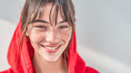 A smiling young woman with freckles wears a red hoodie. The soft light enhances her cheerful expression as she poses casually. The background is neutral, focusing on her joyful demeanor.の素材