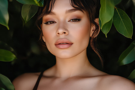 A striking woman stands confidently among vibrant green foliage, showcasing her natural beauty. Soft sunlight highlights her features, creating a peaceful atmosphere.の素材