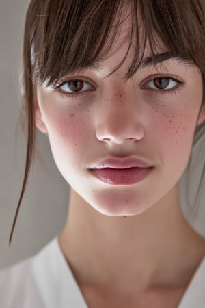 A young woman stands near a natural light source, showcasing her freckles and smooth skin. The subtle lighting highlights her features, creating a serene and captivating expression.の素材