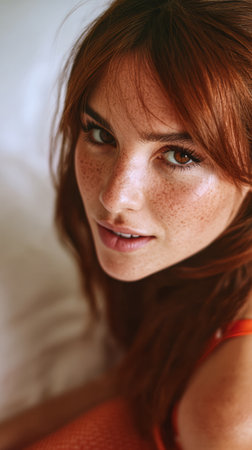A young woman with striking freckles and flowing brown hair gazes softly at the camera. She appears relaxed, surrounded by soft lighting and cozy textures in an indoor space.の素材
