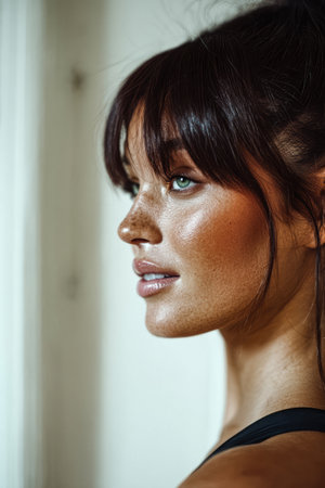 A woman stands gracefully in a well-lit room with soft light highlighting her facial features. She gazes thoughtfully, creating a serene atmosphere.の素材