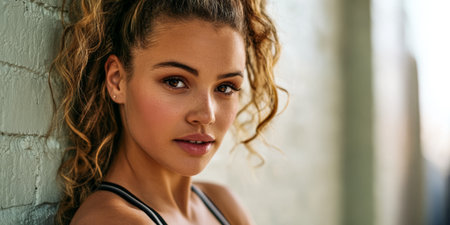 A young woman with defined curls and natural makeup leans against a textured wall, exuding confidence and grace in a lively city atmosphere. The sunlight enhances her features beautifully.の素材