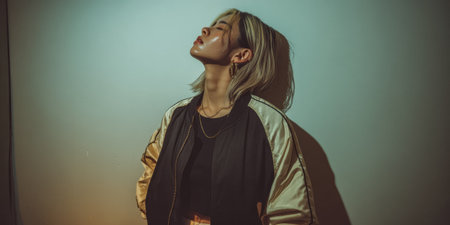 A person stands against a softly lit wall, embodying confidence with a stylish outfit including a bomber jacket. The ambiance is artistic and evocative, highlighting their features.の素材