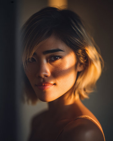 A woman stands in a dimly lit room, her face partially illuminated by soft light. Warm tones highlight her features, creating a serene, intimate atmosphere during the evening.の素材