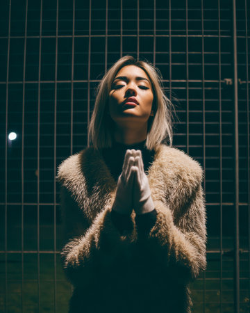 A woman stands with her hands clasped in prayer, wearing a cozy fur coat. The dimly lit background features a metal fence and soft moonlight, creating a serene atmosphere.の素材