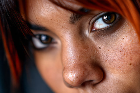 A close-up captures a person's striking eyes and colorful hair. The natural light highlights the details of their face, creating a captivating and intense expression.の素材