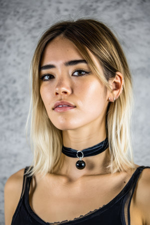 A woman stands confidently in a minimalist environment, highlighting her choker accessory. Her hair is styled elegantly, and the natural light enhances her features, creating a striking contrast.の素材