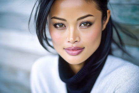 A woman with long black hair and striking green eyes smiles warmly in a serene outdoor location. Natural light enhances her features against a soft background.の素材