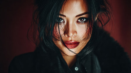 A young woman stares intensely at the camera, her hair slightly disheveled and framing her face. Bold makeup enhances her features against a dark backdrop, creating a striking visual impact.の素材