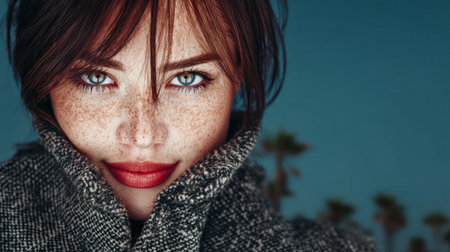 A woman poses confidently with a warm smile, showcasing her vibrant green eyes and freckles. The cozy sweater frames her face, set against a soft blue backdrop.の素材