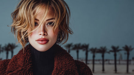 A woman with wavy hair and a stylish outfit stands confidently against a palm-lined beach backdrop. The sunny weather enhances her vibrant look as she gazes into the distance.の素材