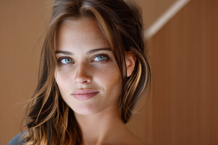 A young woman with long hair and freckles stands indoors, captivating with her clear blue eyes. Soft lighting emphasizes her features against a modern backdrop.の素材