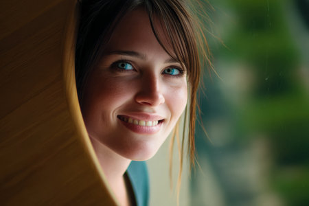 A young woman with long brown hair and vibrant blue eyes smiles warmly. She is positioned near a circular window that allows natural light to illuminate her face in a modern indoor space.の素材