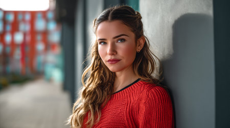 A young woman with long wavy hair leans against a gray wall, wearing a vibrant red sweater. The background features colorful buildings under clear blue skies, capturing a lively urban atmosphere.の素材