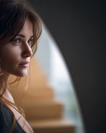 A woman stands by a window, her long hair gently falling around her shoulders. She gazes out thoughtfully, illuminated by soft natural light. The modern decor enhances the atmosphere.の素材