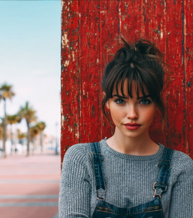 A young woman smiles while leaning against a red wall. She wears a cozy sweater and overalls, with palm trees and a bright blue sky behind her, capturing a cheerful atmosphere.の素材