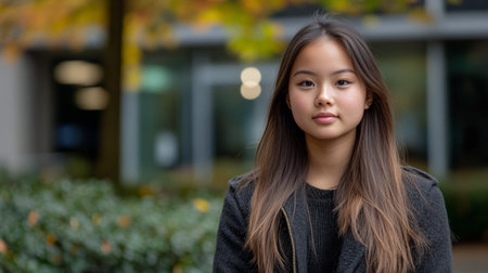 A young woman stands confidently in a vibrant, modern environment, with colorful autumn leaves in the background. Lush greenery enhances the urban landscape around her.の素材