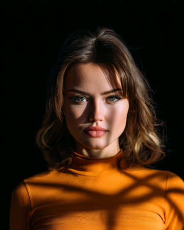 A young woman poses confidently against a dark backdrop. Soft light highlights her facial features and eyes, creating an intimate atmosphere. Her expression conveys strength and beauty.の素材