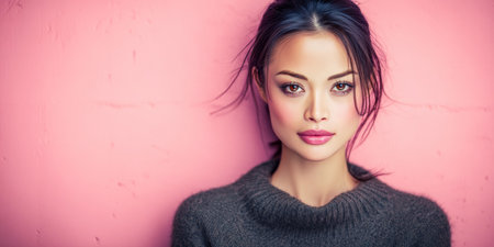 A young adult stands confidently, facing the camera with a serene expression. Her dark hair is styled lightly, and she wears a soft sweater, set against a vibrant pink wall.の素材