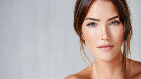 A woman with striking freckles and long hair gazes directly at the camera with a serene expression. Soft natural light enhances her delicate features in a minimalist setting.の素材