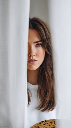 A young woman with long brown hair gazes thoughtfully through soft white curtains, creating a serene atmosphere. Natural light illuminates her features in a warm, inviting space.の素材