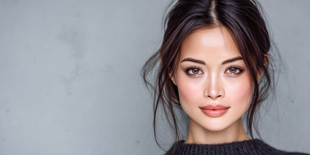 A woman with long dark hair and subtle makeup displays a serene expression. The gray background complements her soft features, emphasizing her natural elegance and poise.の素材