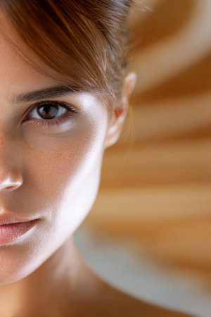 A woman gazes intently, showcasing her striking features and flawless complexion. The warm background adds depth to her captivating expression in a serene environment.の素材