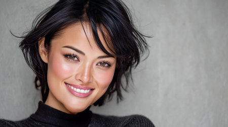 A young woman with short black hair is smiling widely while wearing a cozy sweater. The soft lighting highlights her joyful expression, creating a warm atmosphere in the indoor setting.の素材