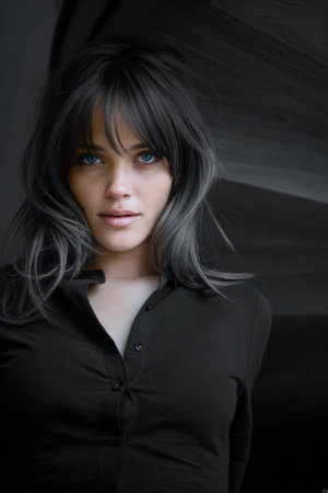 A young woman stands confidently, her captivating blue eyes and dark hair highlighted against a plain dark backdrop. She exudes a sense of allure and mystery.の素材