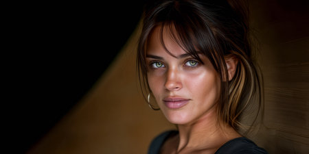 A young woman with long brown hair and captivating green eyes is leaning against a dark wooden background. The soft light highlights her natural features, creating an intimate atmosphere.の素材