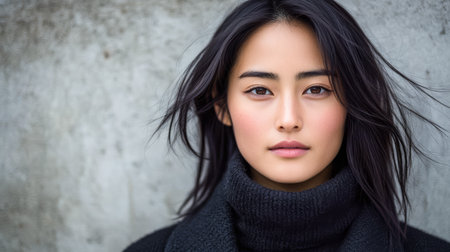 A young woman with soft features and long dark hair gazes directly at the viewer. She wears a cozy black turtleneck and the backdrop is a smooth gray wall, enhancing her natural beauty.の素材