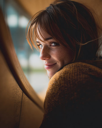 A young woman with freckles smiles softly while leaning against a wooden frame. Bright natural light streams in, creating a warm atmosphere in the indoor space.の素材