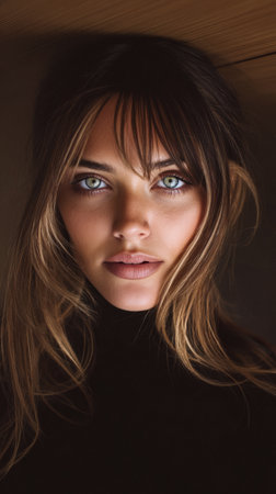 A model with beautiful blue eyes looks directly into the camera while her hair softly frames her face. Her expression conveys elegance and poise in a softly lit indoor space.の素材