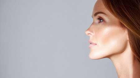A young woman poses in profile against a plain background, highlighting her smooth skin and elegant features. Soft lighting enhances her natural beauty and graceful demeanor.の素材