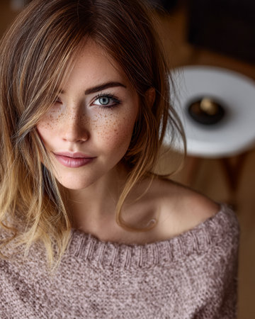A young woman with beautiful freckles and striking blue eyes looks directly at the viewer. She is indoors, wearing a cozy sweater, with a minimalist coffee table nearby.の素材