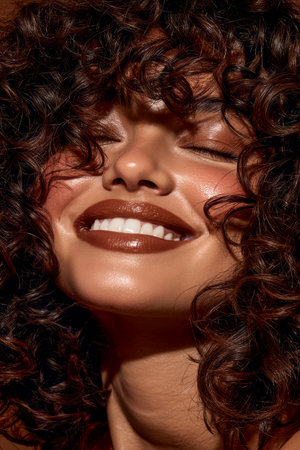 A model with beautiful curly hair is smiling broadly, highlighting her vibrant makeup and glowing skin. The close-up captures her joyful expression in a well-lit studio during the afternoon.の素材
