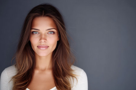 A young woman stands confidently with long, flowing hair and captivating blue eyes. She wears a light-colored top and shows a gentle smile against a neutral gray background.の素材