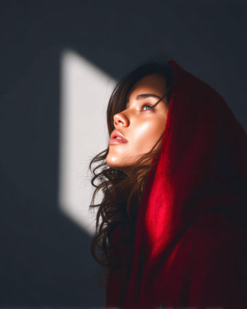 A young woman in a flowing red hood gazes gracefully upward, illuminated by a beam of light in a dimly lit interior space, creating a striking contrast.の素材