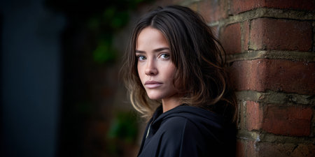 A young woman stands against a weathered brick wall, her hair softly framing her face. She gazes thoughtfully into the distance, surrounded by a muted urban backdrop on a cloudy day.の素材
