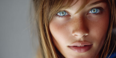 A young woman gazes directly at the camera, showcasing her striking blue eyes and soft features. Natural makeup highlights her beauty in a softly lit indoor setting.の素材
