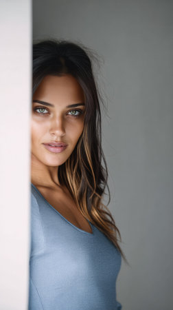 A woman stands partially hidden behind a wall, looking directly at the viewer. Her long hair frames her face, and soft light illuminates her features, creating a serene atmosphere.の素材