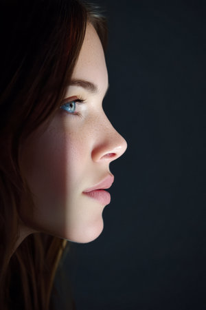 A young woman gazes thoughtfully, her profile highlighted by soft light against a dark background. Her piercing blue eyes draw attention, creating an intimate atmosphere in the space.の素材