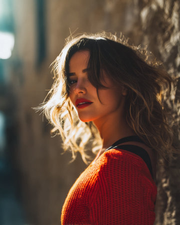 A woman stands in a narrow alley, sunlight illuminating her wavy hair and highlighting her vibrant red lips. The textured walls create an artistic backdrop for this striking look.の素材