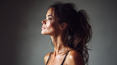 A woman with long, wavy brown hair stands in profile, illuminated by soft natural light. She gazes thoughtfully into the distance, showcasing her graceful features and elegant posture.の素材