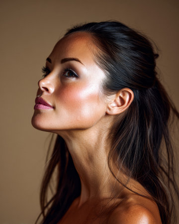 A woman stands gracefully with her head slightly tilted, showcasing her flawless skin and highlighting her facial features. Soft lighting enhances her natural beauty.の素材