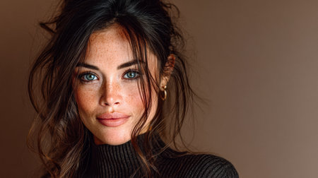 A young woman with soulful blue eyes and light freckles stands confidently in a warm-toned indoor space. Her wavy hair frames her face, and she wears a snug turtleneck, capturing a serene moment.の素材